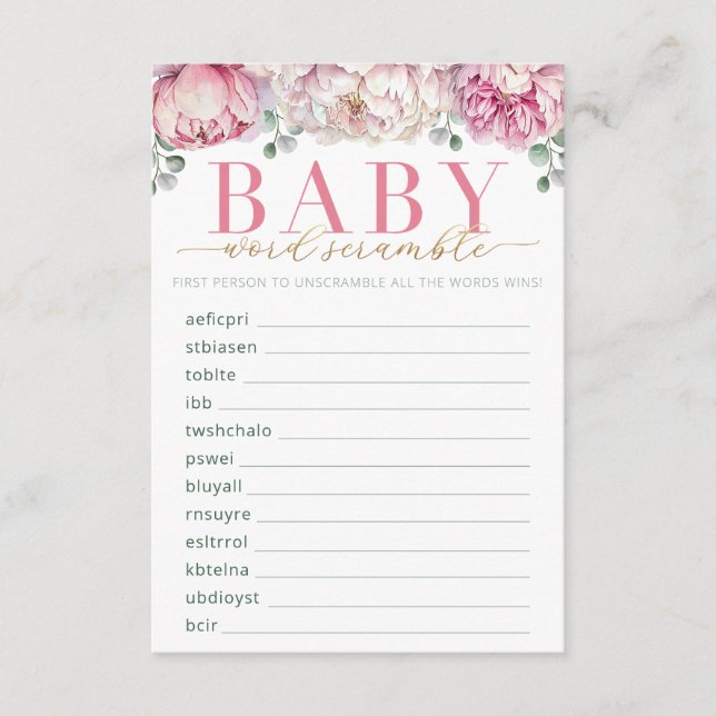 Rosa und Gold Floral Baby Dusche Word Scramble Gam Begleitkarte (Vorderseite)