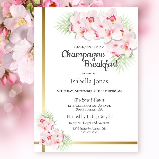 Rosa und Gold Floral Bridal Champagner Frühstück Einladung (Von Creator hochgeladen)