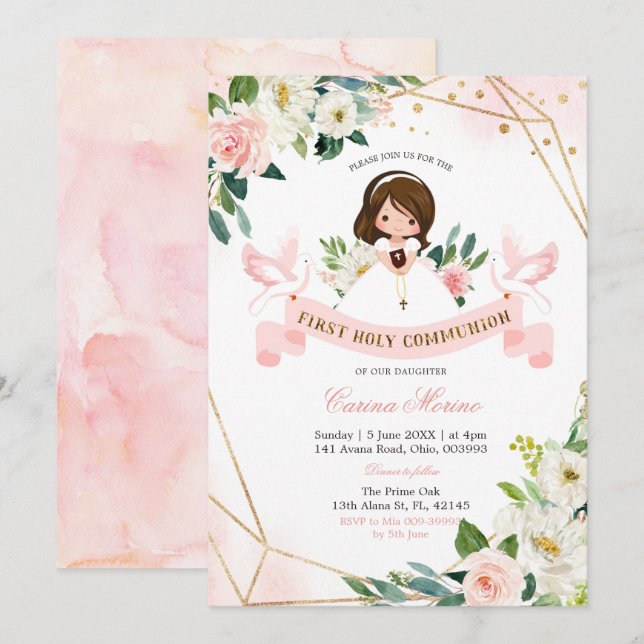 Rosa und Gold Floral Girl Erste Heilige Kommune Einladung (Vorne/Hinten)