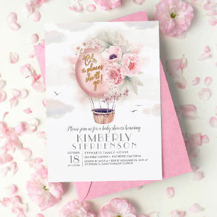 Rosa und Gold Floral Hot Air Ballon Babydusche Einladung