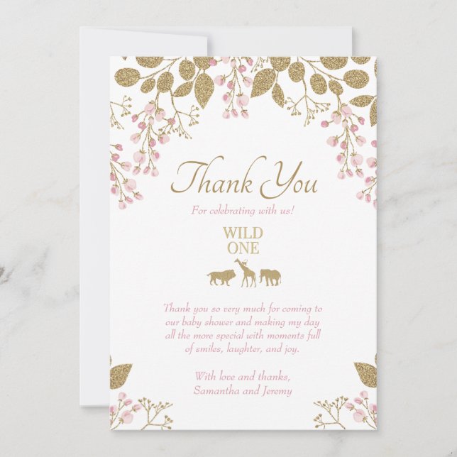 Rosa und Gold Floral Wild One Safari Baby Dusche Dankeskarte (Vorderseite)