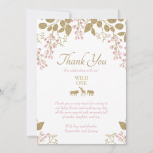 Rosa und Gold Floral Wild One Safari Baby Dusche Dankeskarte