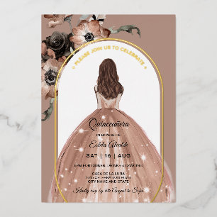 Rosa und Gold Floraler Torbogen Quinceañera Echt Folieneinladung