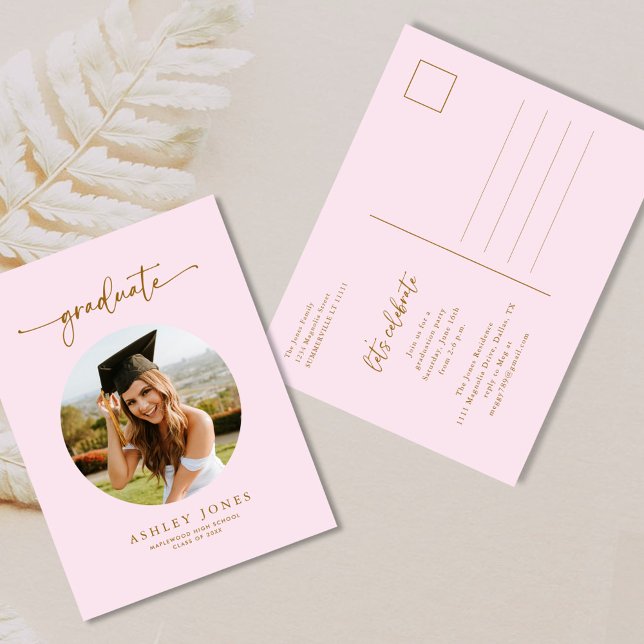 Rosa und Gold Foto Graduate Abschluss Einladung Postkarte (Von Creator hochgeladen)