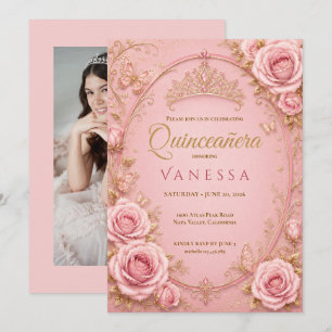 Rosa und Gold Foto Quinceanera-Einladung Einladung