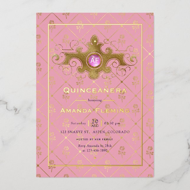 Rosa und Gold Gemstone-Quinceñera-Monogramm Folieneinladung (Vorderseite)