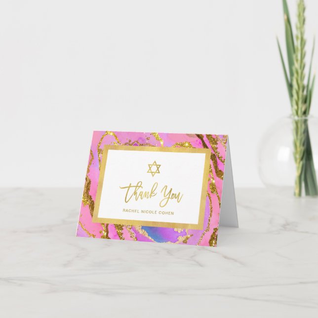 Rosa und Gold Geode | Star von David Bat Mitzvah Dankeskarte (Vorderseite)