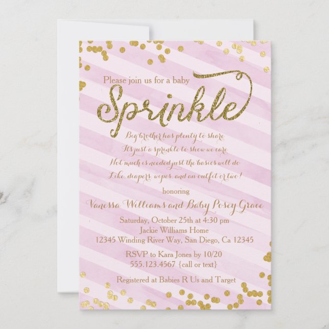 Rosa und Gold Girl Baby Sprinkle Dusche Einladung (Vorderseite)