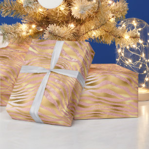 Rosa und Gold Glitter Glam Tiger Streifen Muster Geschenkpapier