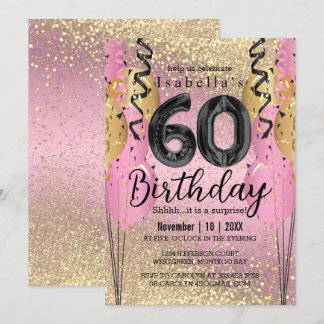 Rosa und Gold Glitzer 60. Geburtstag Einladung