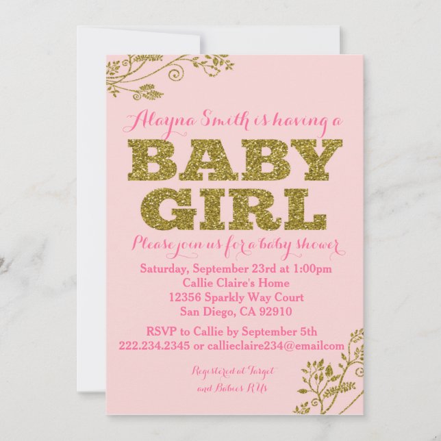 Rosa und Gold Glitzer Baby Girl Dusche Einladung (Vorderseite)