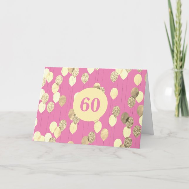 Rosa und Gold Glitzer Balloons 60. Geburtstag Karte (Vorderseite)