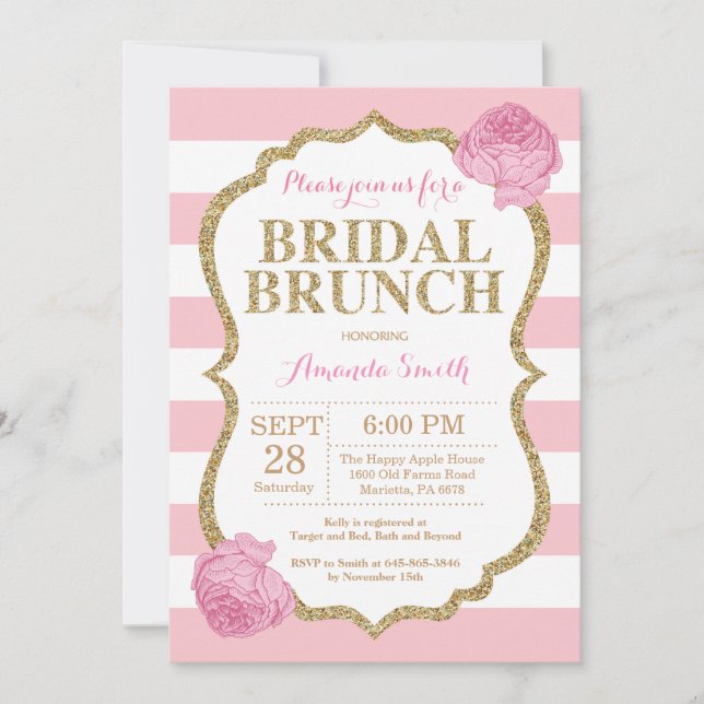 Rosa und Gold Glitzer Bridal Brunch Einladung (Vorderseite)