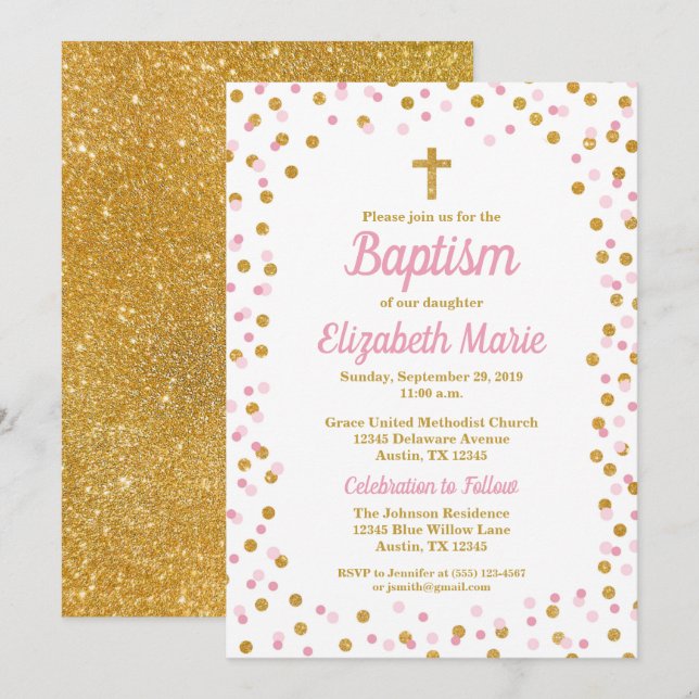 Rosa und Gold Glitzer Confetti Taufe Einladung (Vorne/Hinten)