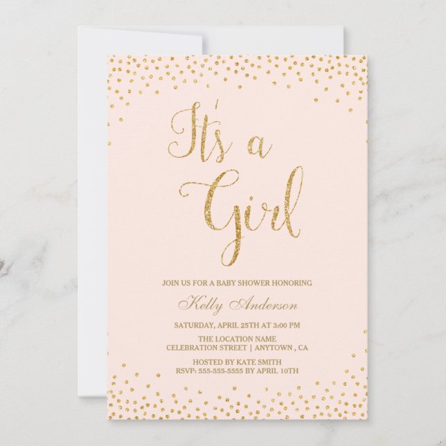 Rosa und Gold Glitzer Girl Baby Dusche Einladungen (Vorderseite)