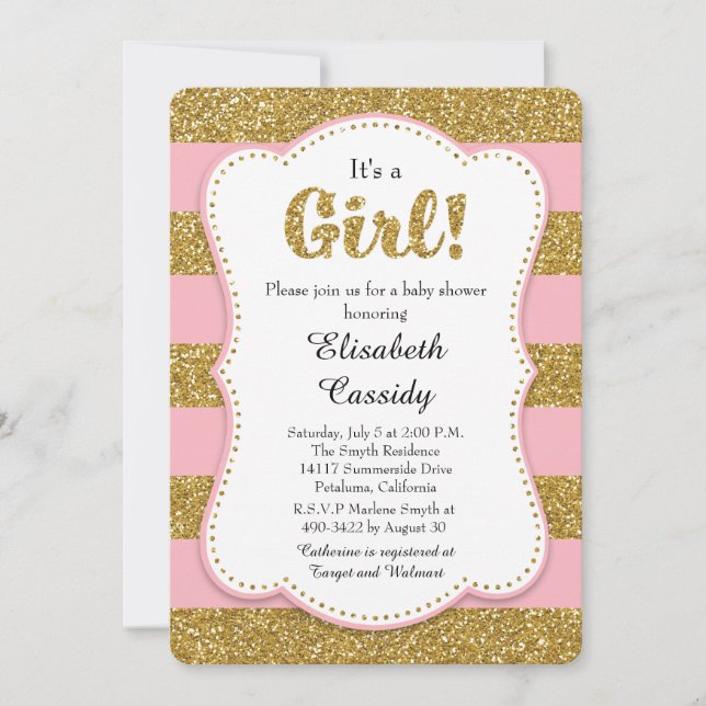 Rosa und Gold Glitzer Kindermädchendusche Einladun Einladung (Vorderseite)