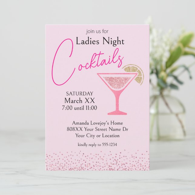 Rosa und Gold Glitzer Ladys Night Cocktail Party Einladung (Stehend Vorderseite)