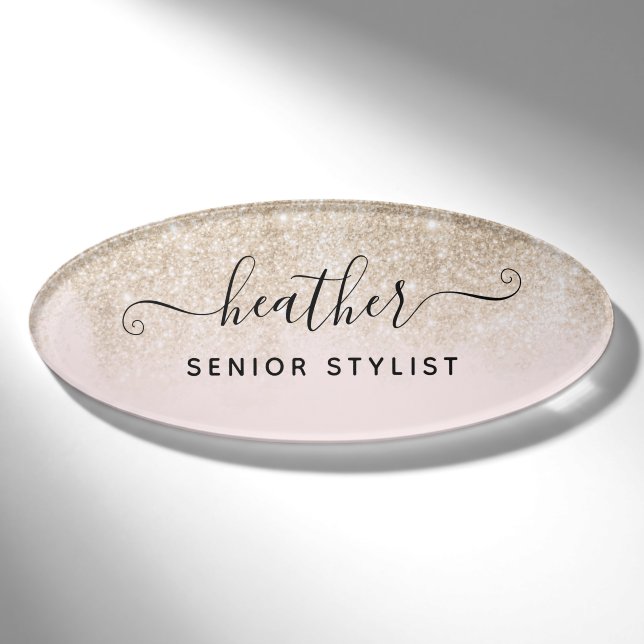 Rosa und Gold Glitzer Salon Mitarbeiter Namenschild (Vorderseite)