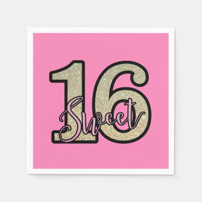 Rosa und Gold Glitzer Sweet 16. Geburtstag Serviette (Vorderseite)