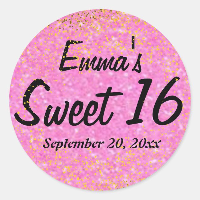 Rosa und Gold Glitzer Sweet 16 Personalisiert Runder Aufkleber (Vorderseite)