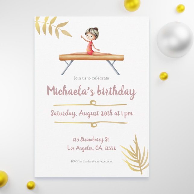 Rosa und Gold Gymnastik Girl on Beam Birthday Einladung (Elegant and cute gymnastics birthday invitation)