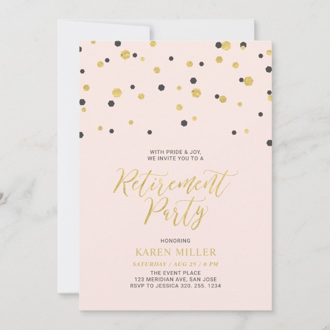 Rosa und Gold | Hexagon Confetti Retirement Party Einladung (Vorderseite)