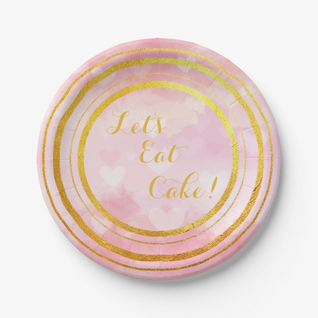Rosa und Gold Lasst uns Kuchen Papier Teller essen (Vorderseite)