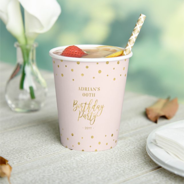 Rosa und Gold | Modern Confetti Adult Birthday Par Pappbecher (In Situ)
