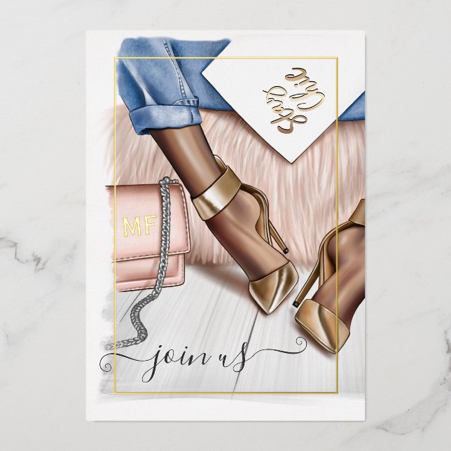 Rosa und Gold Monogram Chic Quinceañera Foil Invit Folieneinladung (Vorderseite)