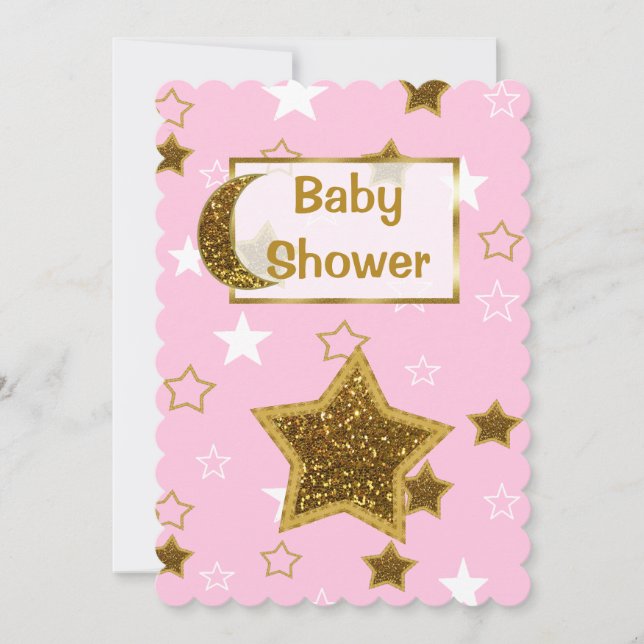 Rosa und Gold Moon and Stars Kinderdusche lädt ein Einladung (Vorderseite)