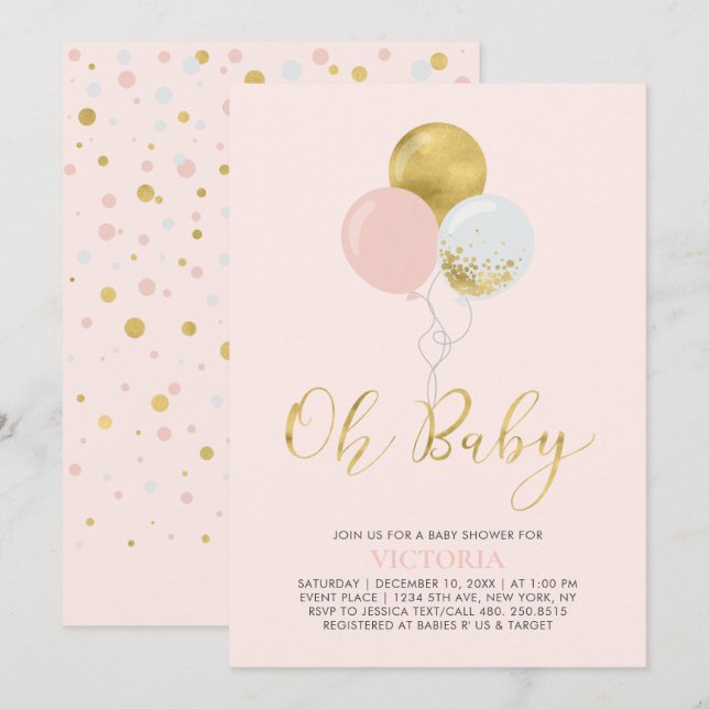 Rosa und Gold | Oh Baby Girl Baby Dusche Einladung (Vorne/Hinten)