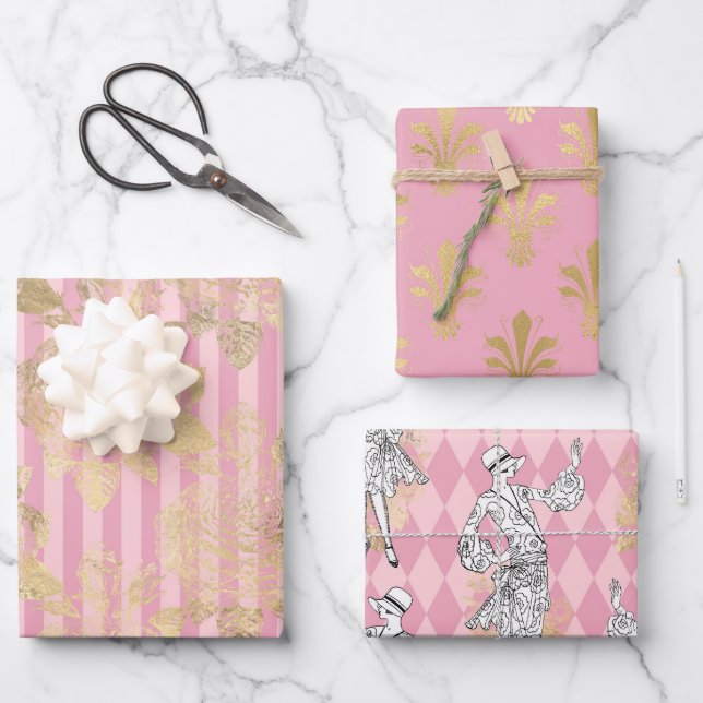 Rosa und Gold - Paris Geschenkpapier Set (Vorderseite)