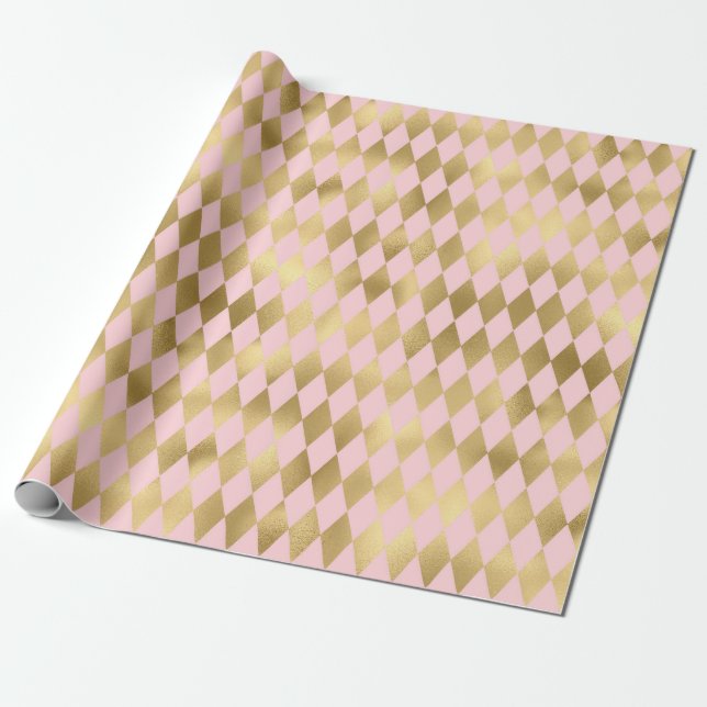 Rosa und Gold Paris glänzen Diamantenmuster Geschenkpapier (Ungerollt)