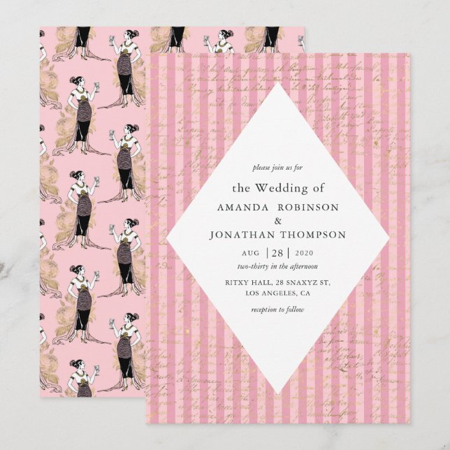 Rosa und Gold - Paris-Hochzeit Einladung (Vorne/Hinten)