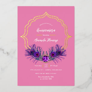 Rosa und Gold Pfau Floral Quinceañera Folien-Einla Folieneinladung