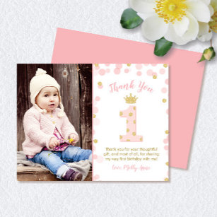 Rosa und Gold Prinzessin 1. Geburtstag Dankeschön  Einladung