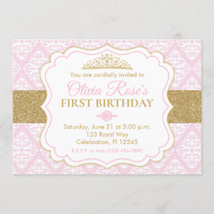 Rosa und Gold Prinzessin zum ersten Geburtstag Einladung
