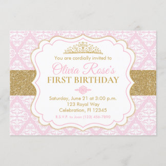 Rosa und Gold Prinzessin zum ersten Geburtstag Einladung