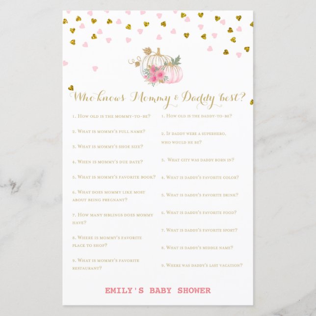 Rosa und Gold Pumpkin Baby Duschgame (Vorderseite)