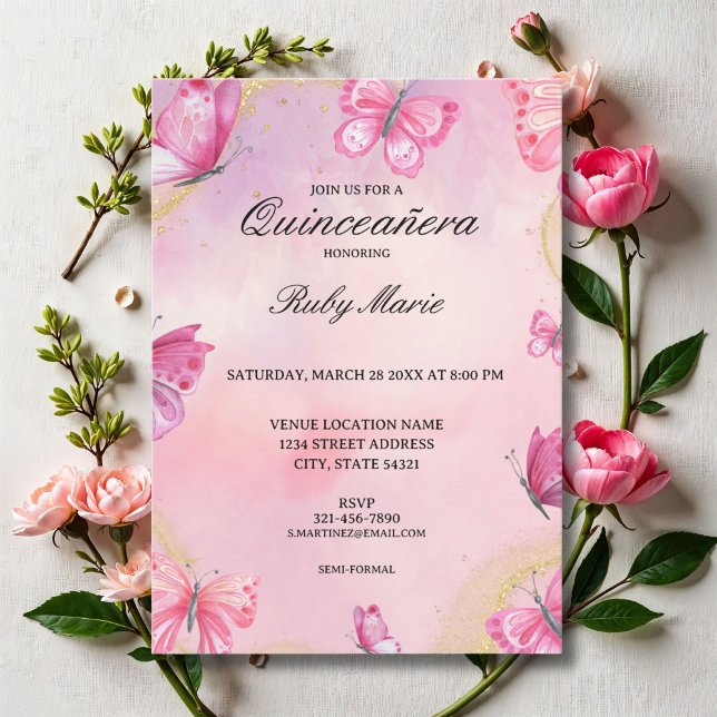 Rosa und Gold Schmetterling Quinceanera Einladung (Von Creator hochgeladen)