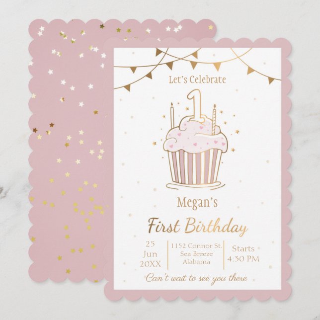 Rosa und Gold Stars 1. Geburtstag Einladung (Vorne/Hinten)