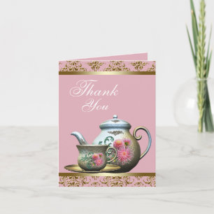 Rosa und Gold Teekanne und Teetasse Vielen Dank Ka Dankeskarte