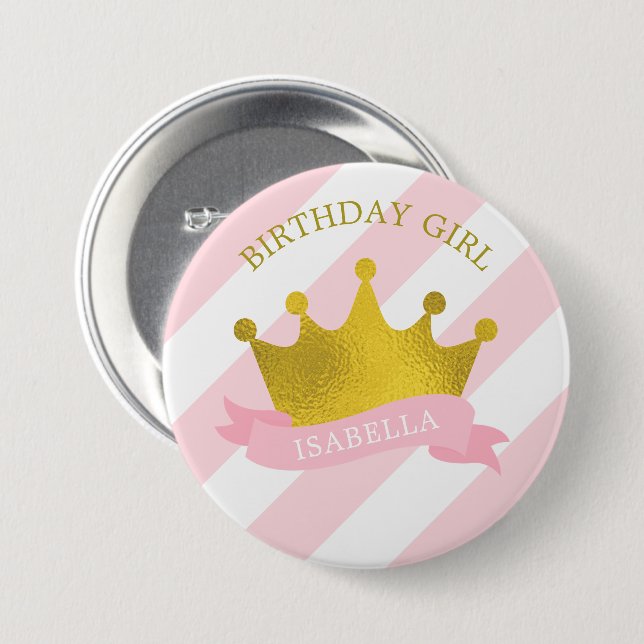 Rosa und Gold Tiara "Birthday Girl" Button (Vorne & Hinten)