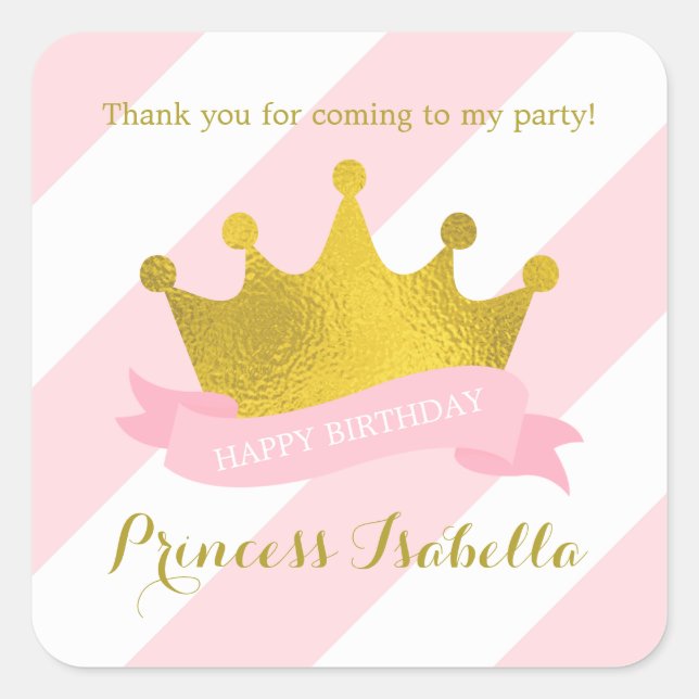 Rosa und Gold Tiara Princess Birthday Quadratischer Aufkleber (Vorderseite)