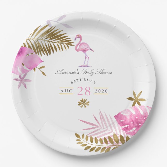 Rosa und Gold tropische Flamingo Girl Babydusche Pappteller (Vorderseite)