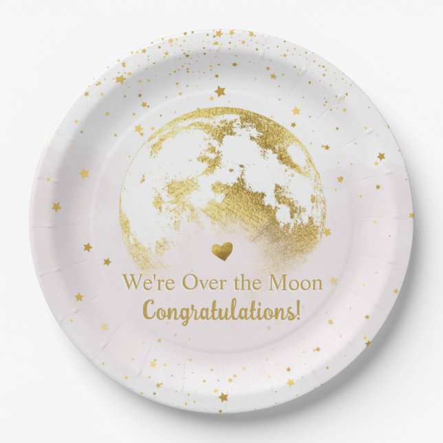 Rosa und Gold über der Mond Babydusche Pappteller (Vorderseite)