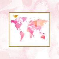 Rosa und Gold Watercolor Weltkarte