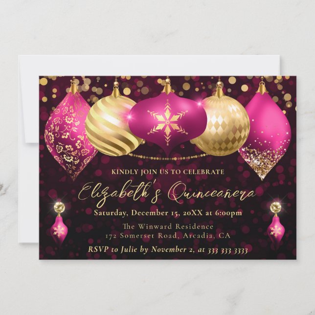 Rosa und Gold Weihnachtsbaumchen Quinceanera Einladung (Vorderseite)
