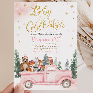 Rosa und Gold Winter Woodland Baby Dusche Einladung