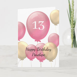 Rosa und Goldballons 13. Geburtstag Karte